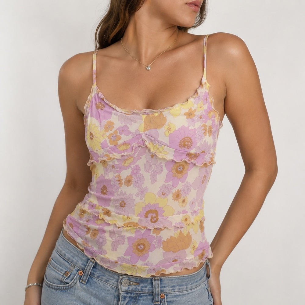 Vintage Y2K Floral Ruffle Fairy Grunge Babydoll Camisole Top Womens S McBling